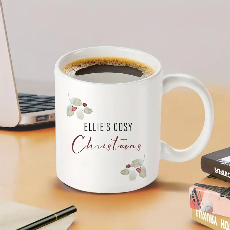 1pc Ellie's Cozy Christmas Ceramic Mug 11oz - Customized Festive Holly & Berry Design, BPA-Free Insulated Coffee Cup