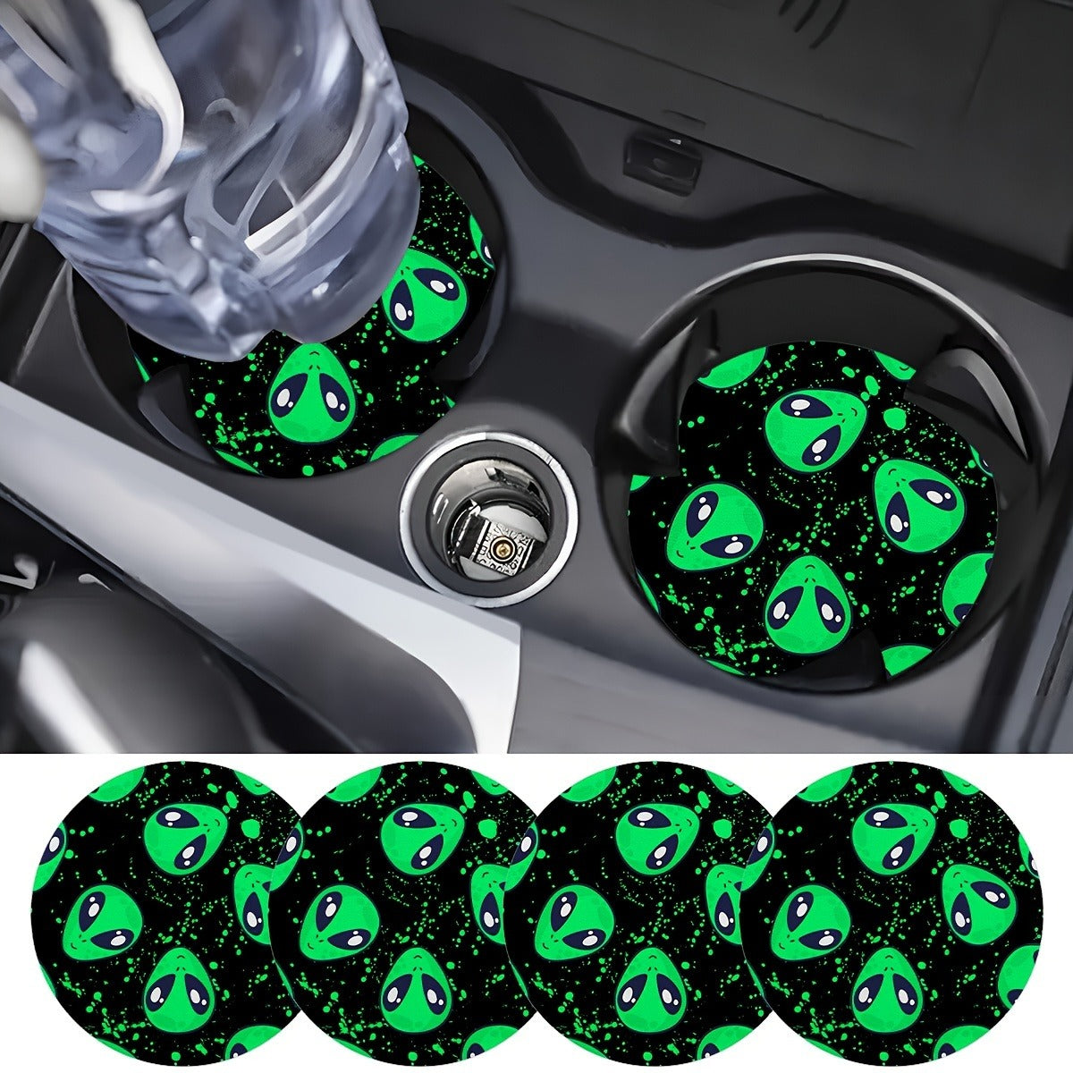 4PCS Alien Car Coaster, 2.75in Round PU Leather Trim Car Coaster, Home & Car Water Coaster, Drink Mat Male & Female Car Interior Accessories, Decorative Coaster