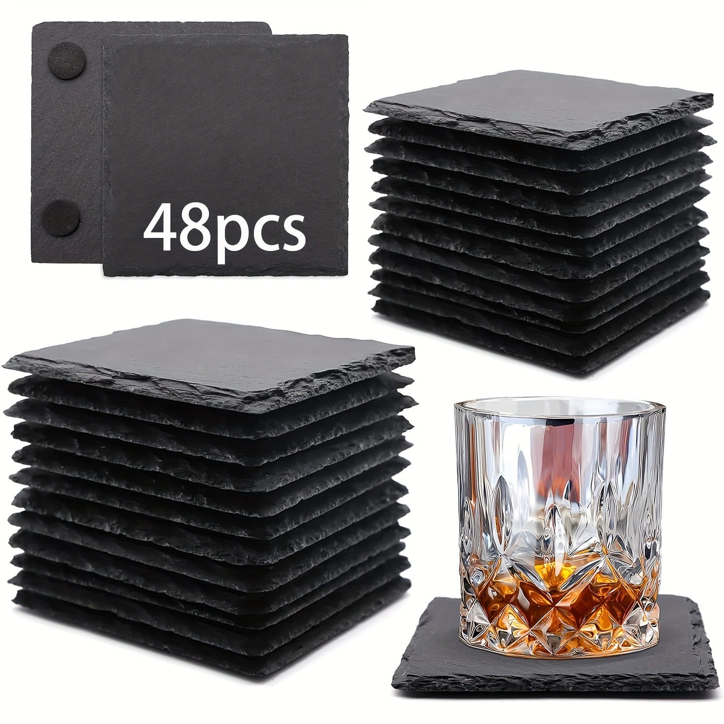 48 Square Slate Coasters Or 96 Square Slate Beverage Coasters, 4.02 inch, Black Slate Coasters, Scratch Resistant Bottom, For Drinks, Bars, Kitchens, Home Décor