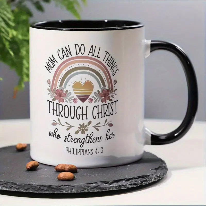 1pc 11oz Ceramic Coffee Mug - "Mom Can Do All Things Through Christ" Bible Verse (Philippians 4:13) with Rainbow & Floral Design, Insulated Reusable Cup, Dishwasher Safe - Inspirational Gift for Christian Moms, Wives, Grandmas