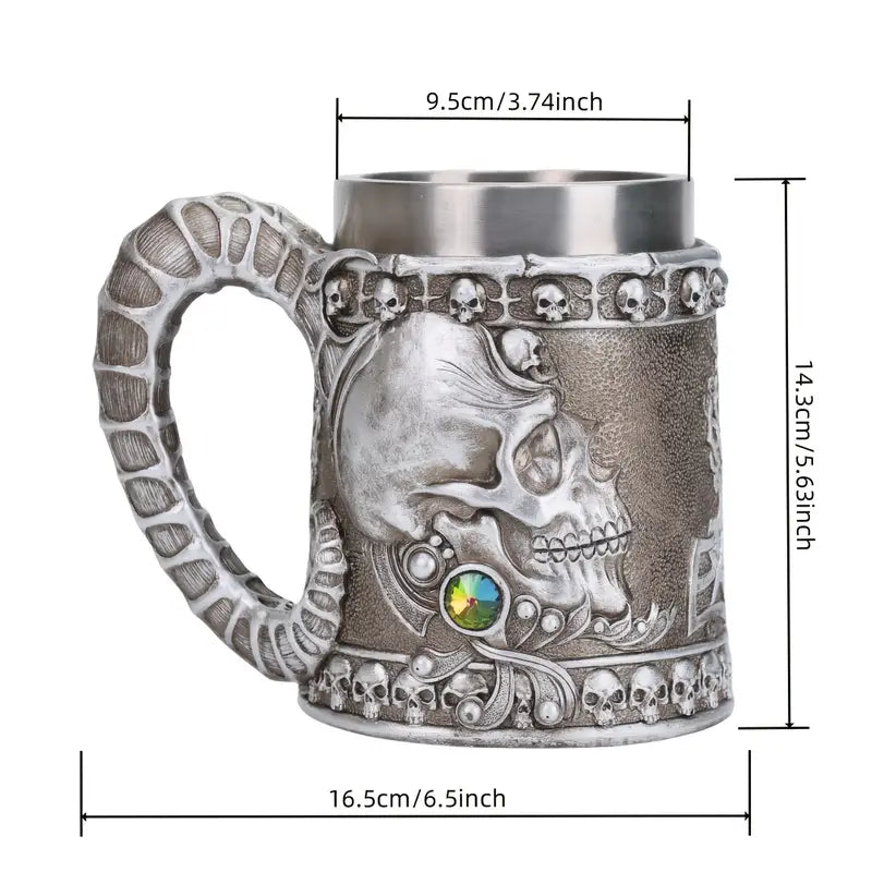 A vintage lamb horn skull beer mug, large capacity and high-value stainless steel mug, 20.3oz, 3D three-dimensional cow horn skull coffee mug, high-end pub draft beer mug, Christmas creative gift