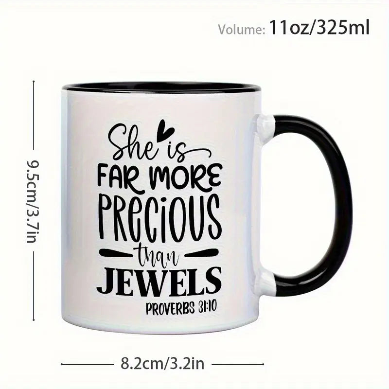 1pc 11oz Inspirational Bible Verse Ceramic Mug - She is Far More Precious Than Jewels Proverbs White & Pink Contrast Design