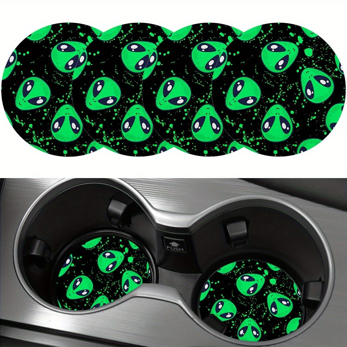 4PCS Alien Car Coaster, 2.75in Round PU Leather Trim Car Coaster, Home & Car Water Coaster, Drink Mat Male & Female Car Interior Accessories, Decorative Coaster
