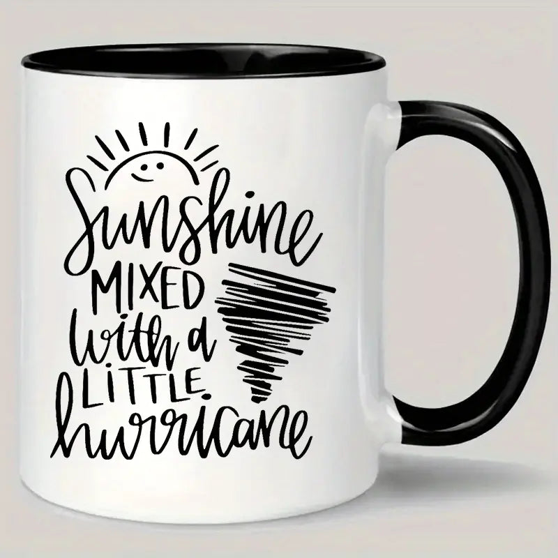 1pc 11oz Insulated Ceramic Coffee Mug - Weather-Inspired "Sunshine Mixed with a Little Hurricane" Design, Reusable White Mug with Black Accents, Hand-Wash Only