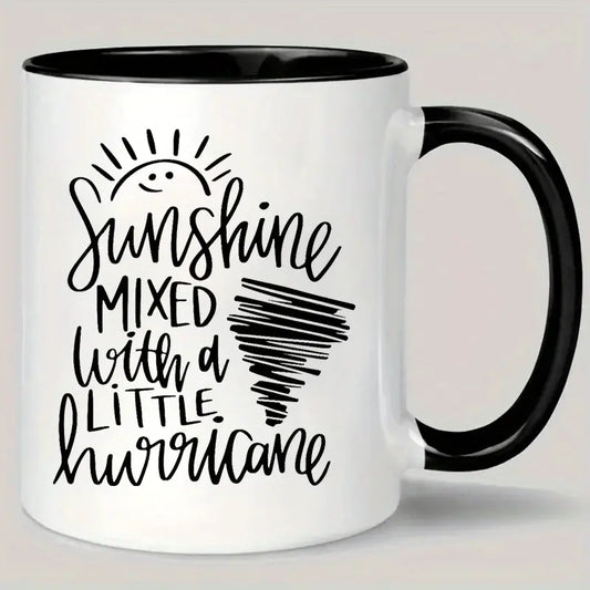 1pc 11oz Insulated Ceramic Coffee Mug - Weather-Inspired "Sunshine Mixed with a Little Hurricane" Design, Reusable White Mug with Black Accents, Hand-Wash Only
