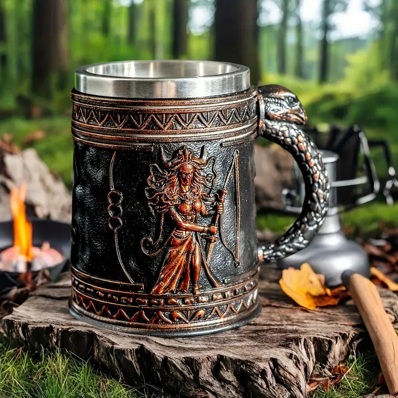 Medusa Greek Mythology Stainless Steel Beer Mug with Resin Accents - Insulated Non-Slip Oval Cup for Coffee, Beer & Wine - Reusable Gift for Halloween, Christmas, Father’s Day, Mother’s Day, Festive Drinkware