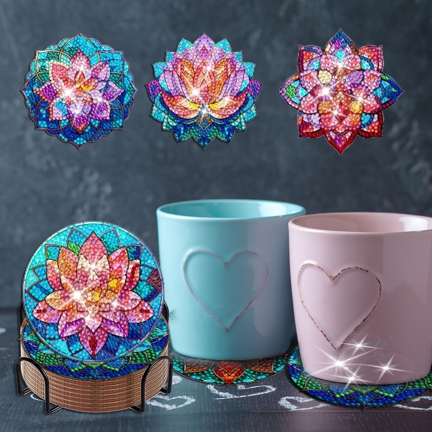 8pcs Lotus Diamond Art Coasters with Holder, Diamond Painting Coasters Kits, Crafts Kits for DIY Coasters, Diamond Art Kit For Beginners, Adults Small Diamond Painting Kit Art Craft Supplies