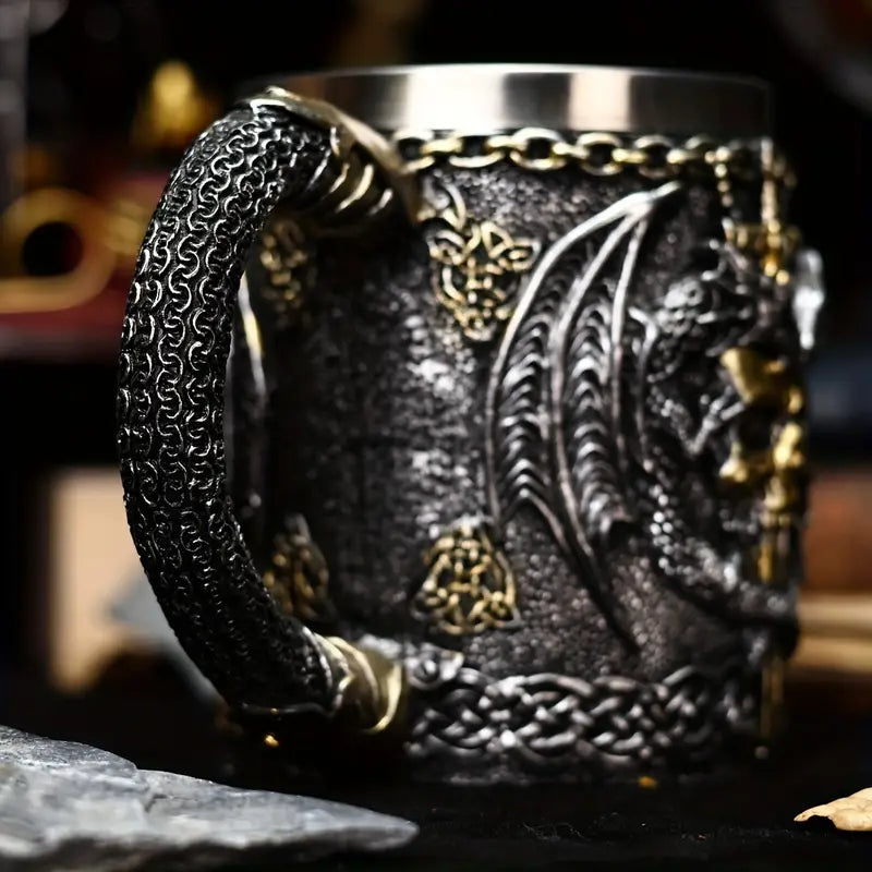 Holiday Ale, Dragon Warrior & Sword 3D Beer Mug - Stainless Steel Insulated Coffee Cup, Gothic Skull Design, Perfect for Halloween & Christmas Gifts