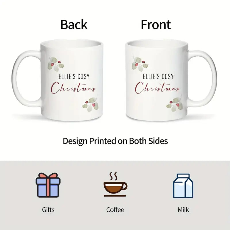 1pc Ellie's Cozy Christmas Ceramic Mug 11oz - Customized Festive Holly & Berry Design, BPA-Free Insulated Coffee Cup