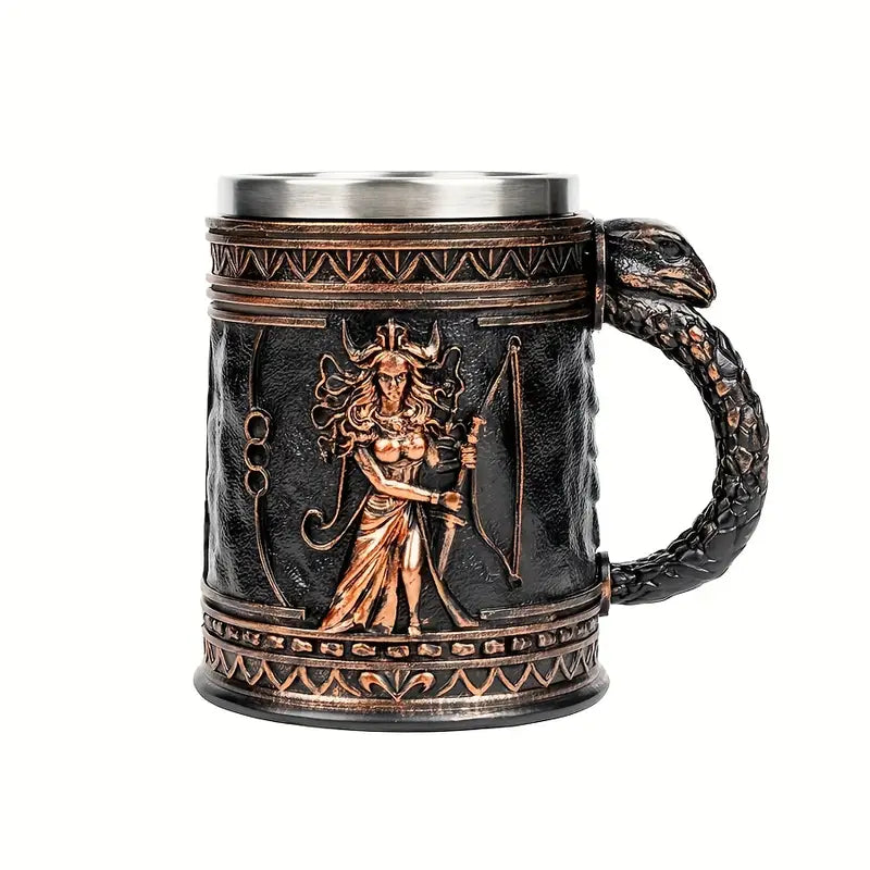 Medusa Greek Mythology Stainless Steel Beer Mug with Resin Accents - Insulated Non-Slip Oval Cup for Coffee, Beer & Wine - Reusable Gift for Halloween, Christmas, Father’s Day, Mother’s Day, Festive Drinkware
