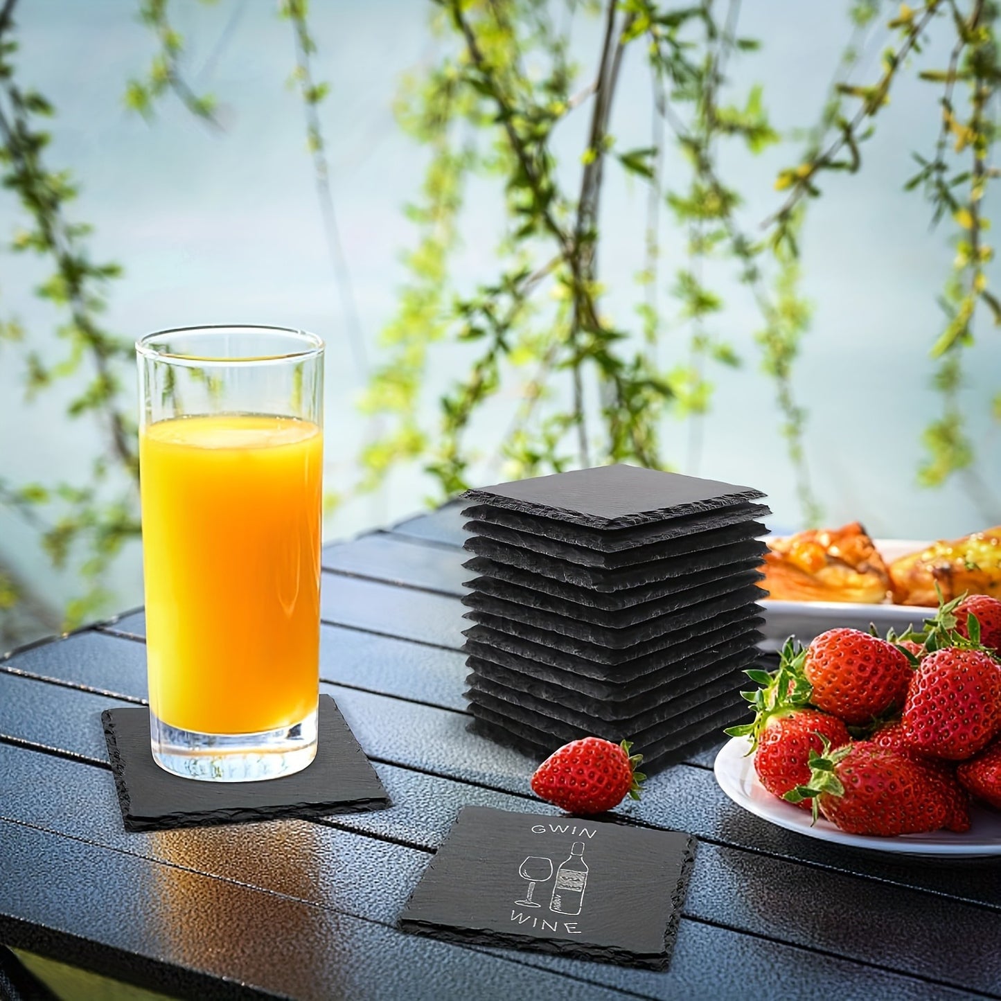 48 Square Slate Coasters Or 96 Square Slate Beverage Coasters, 4.02 inch, Black Slate Coasters, Scratch Resistant Bottom, For Drinks, Bars, Kitchens, Home Décor