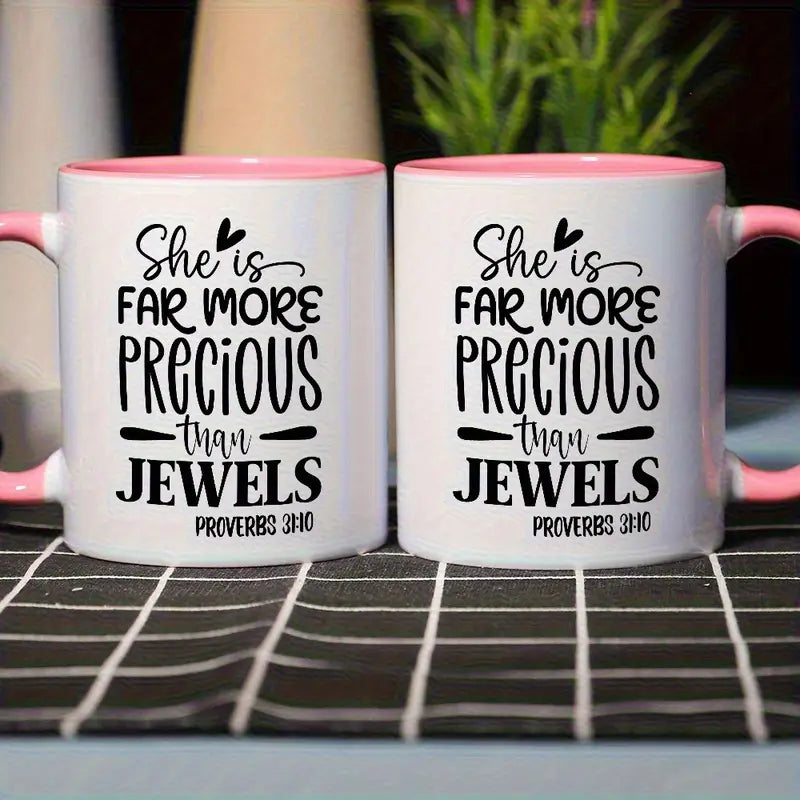 1pc 11oz Inspirational Bible Verse Ceramic Mug - She is Far More Precious Than Jewels Proverbs White & Pink Contrast Design