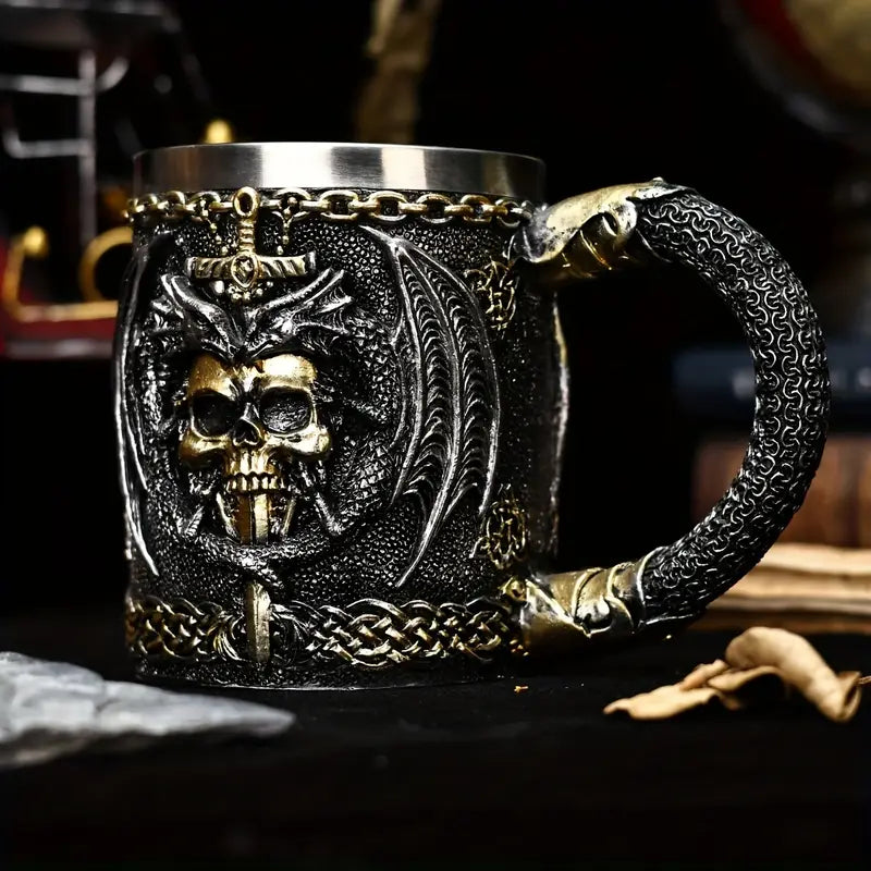 Holiday Ale, Dragon Warrior & Sword 3D Beer Mug - Stainless Steel Insulated Coffee Cup, Gothic Skull Design, Perfect for Halloween & Christmas Gifts