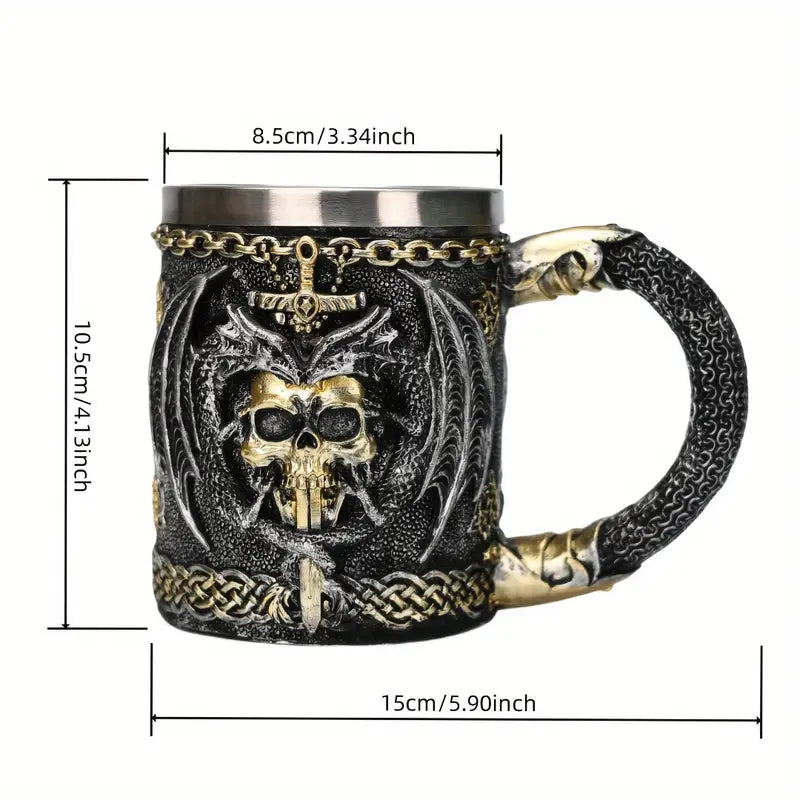 Holiday Ale, Dragon Warrior & Sword 3D Beer Mug - Stainless Steel Insulated Coffee Cup, Gothic Skull Design, Perfect for Halloween & Christmas Gifts