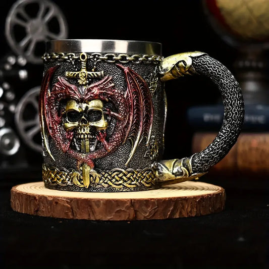 Holiday Ale, Dragon Warrior & Sword 3D Beer Mug - Stainless Steel Insulated Coffee Cup, Gothic Skull Design, Perfect for Halloween & Christmas Gifts